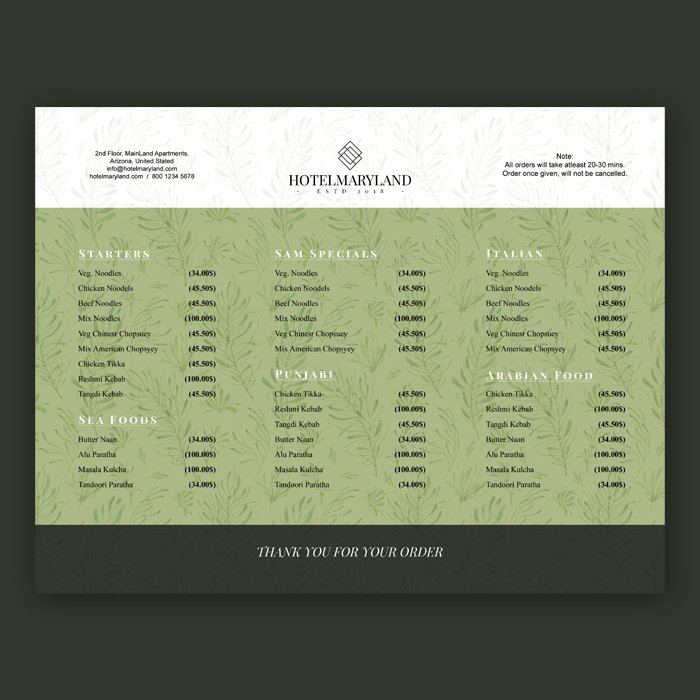 Floral Hotel Menu